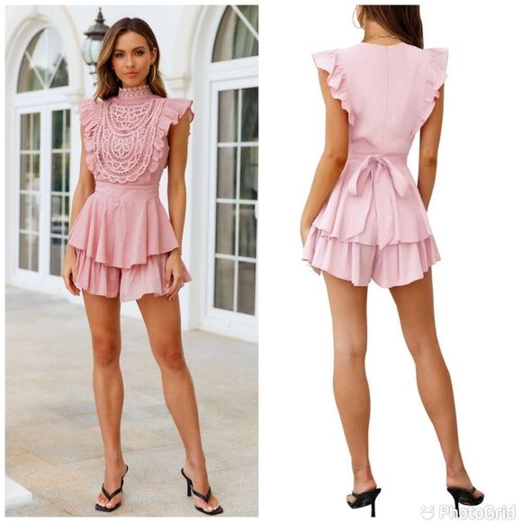 SWEET TALKIN' HALTER Flutter Sleeve Crochet Lace Overlay Romper Dress Waist Tie - Picture 1 of 16